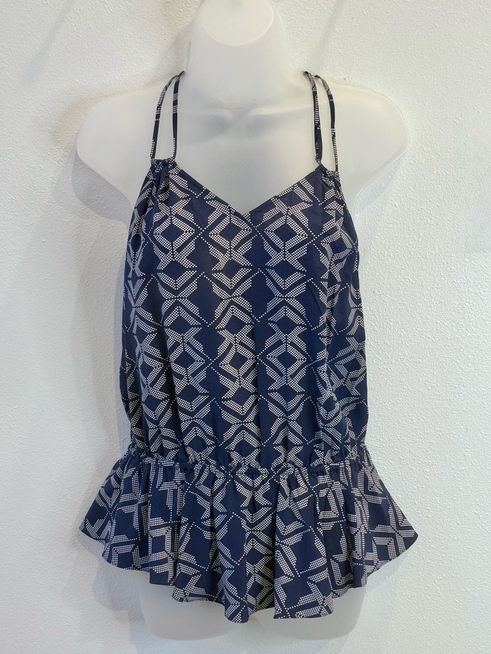 Rebecca Minkoff 100% Silk Navy Geometric Peplum Tank Top Size S